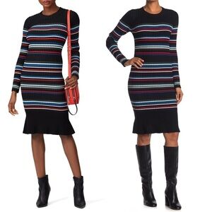 PARKER Sweater Dress Striped Ribbed Knit Bodycon Long Sleeves Ruffle Hem Size XL